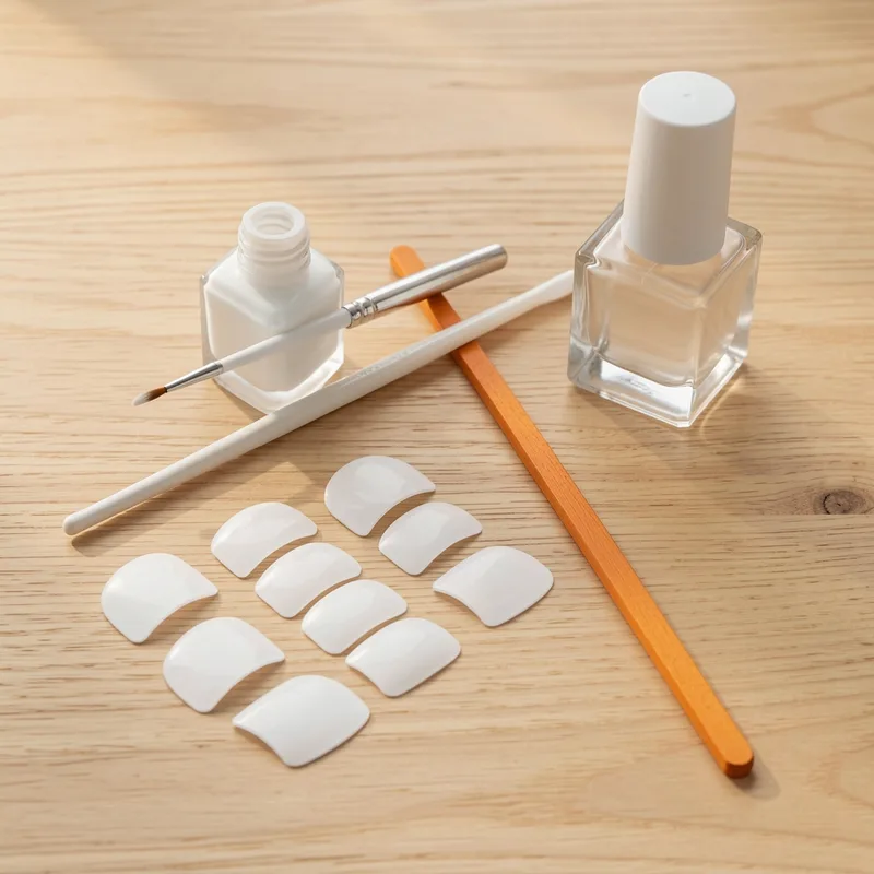 Plan de travail avec un flacon de vernis blanc, un pinceau liner fin et des guides autocollants