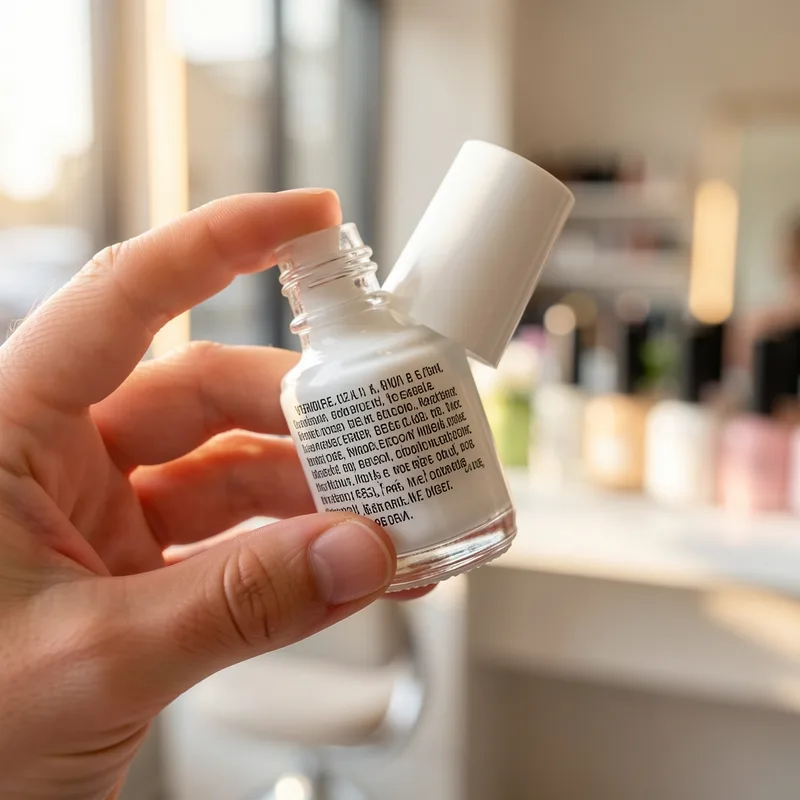 Étiquette d’un flacon de vernis blanc lue de près, liste d’ingrédients apparente