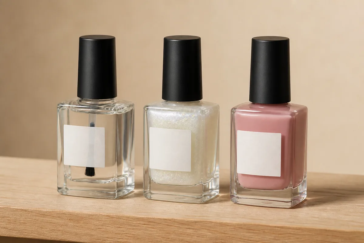 Trois flacons de vernis alignés sur un plan de travail d&rsquo;institut, texture et brillance visibles