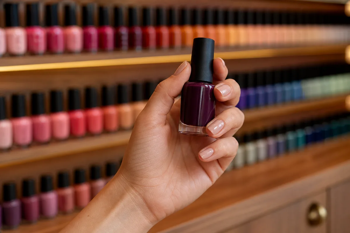 Main tenant un flacon de vernis gel devant un présentoir de couleurs en institut