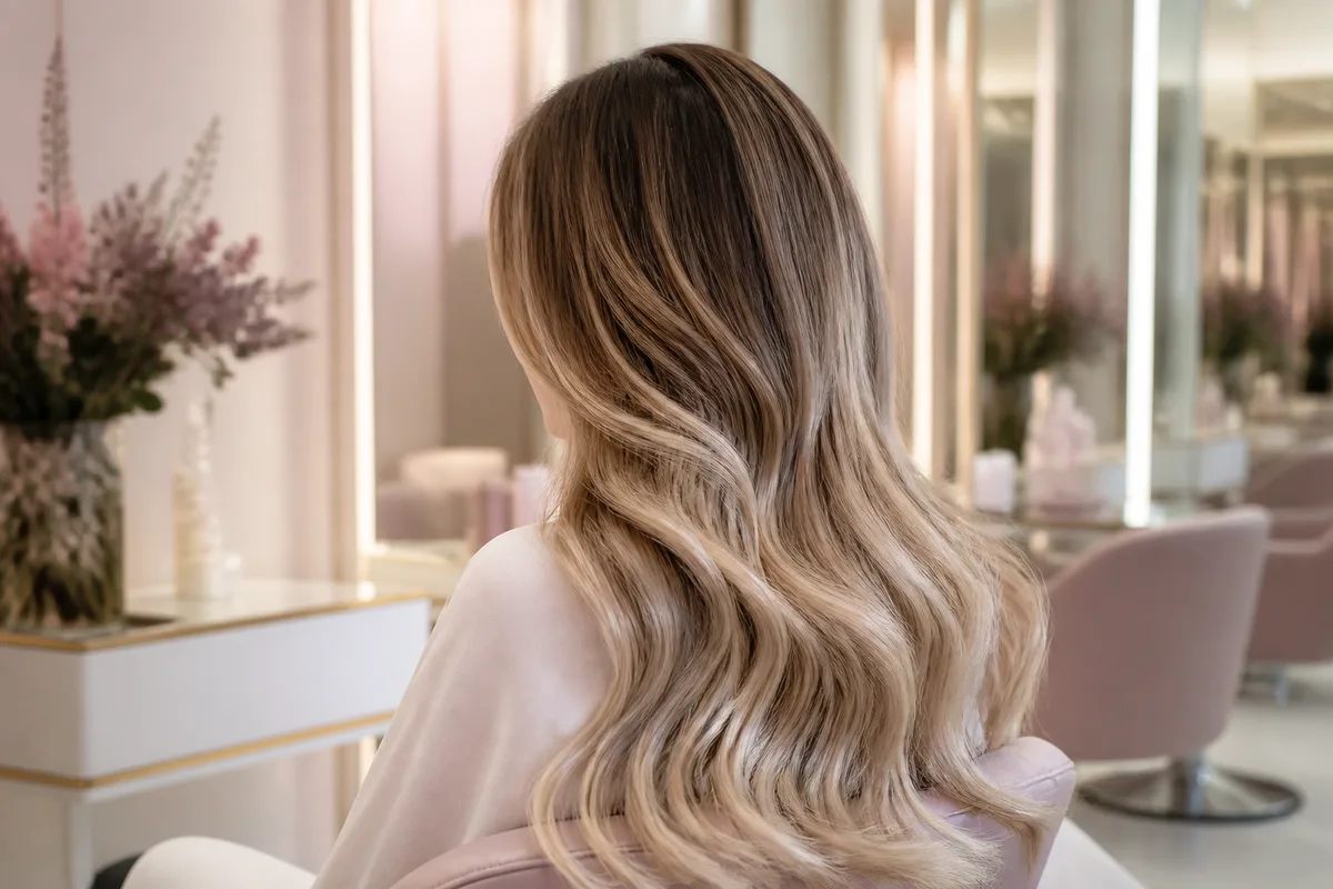 Cheveux longs éclaircis en dégradé lumineux après séance de coloration